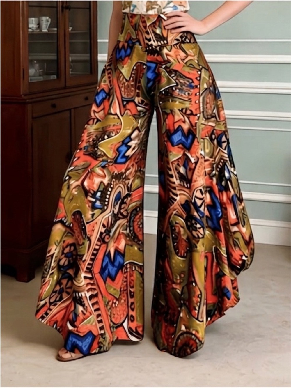 Abstract-Print Wide Leg Palazzo Pants in Orange & Olive
